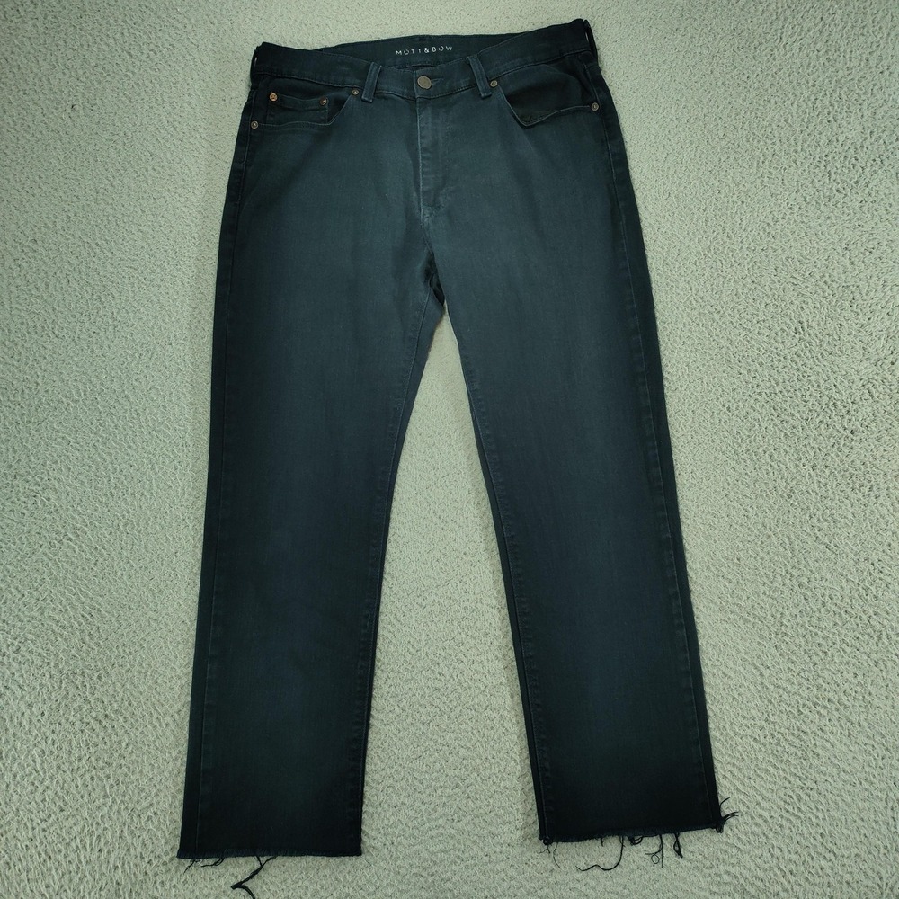 Mott & Bow Slim Mercer Jeans Mens 32x28 Blue Dark Wash Good Raw Hem Tapered